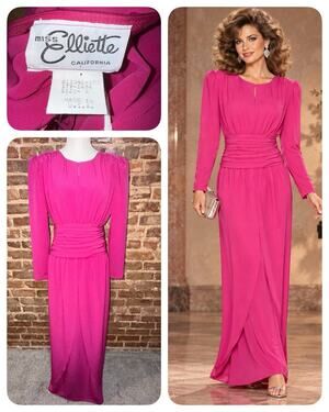 Vintage 80s Miss Elliette Fuchsia Pink Ruched Waist Maxi Formal Dress 8 USA